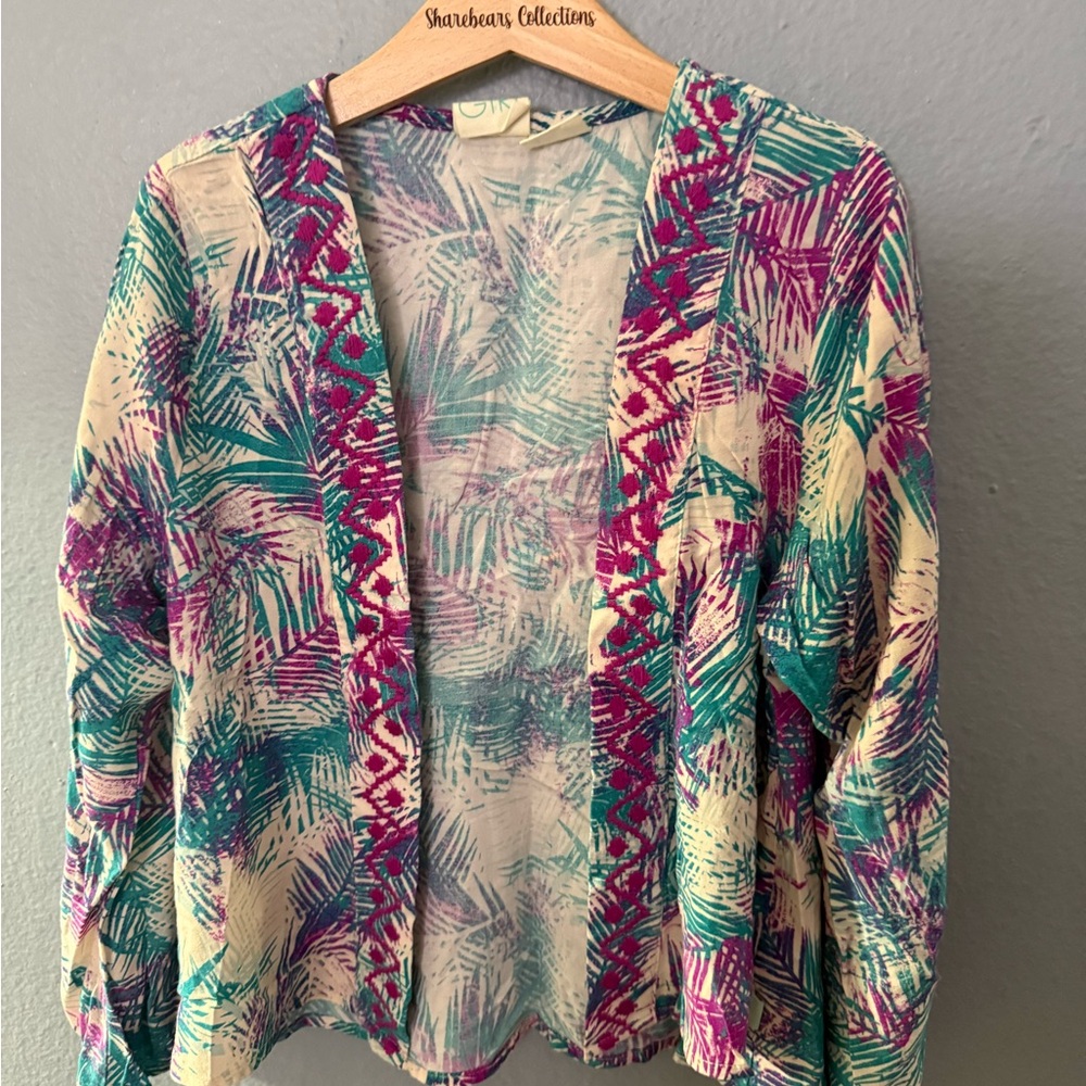 Roxy Girls Palm-Print Open Cardigan in Teal & Magenta